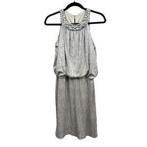 Jackie Jon New York Womens Dress Rhinestone Neck Metallic Silver Elastic Waist 8